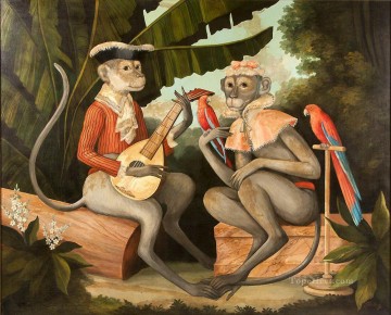 monkey playing guitar and parrots facetious humor pets Oil Paintings